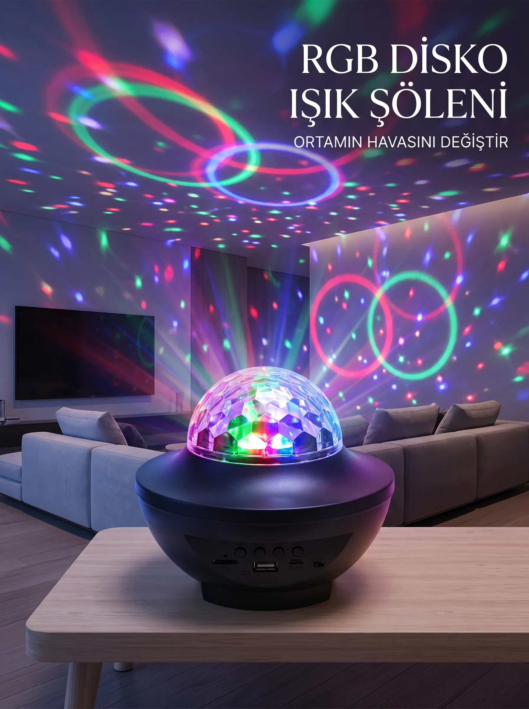 RGB Bluetooth Disko Lambası Dahili Hoparlörlü Müzikli Parti Işığı USB ve TF Kartlı