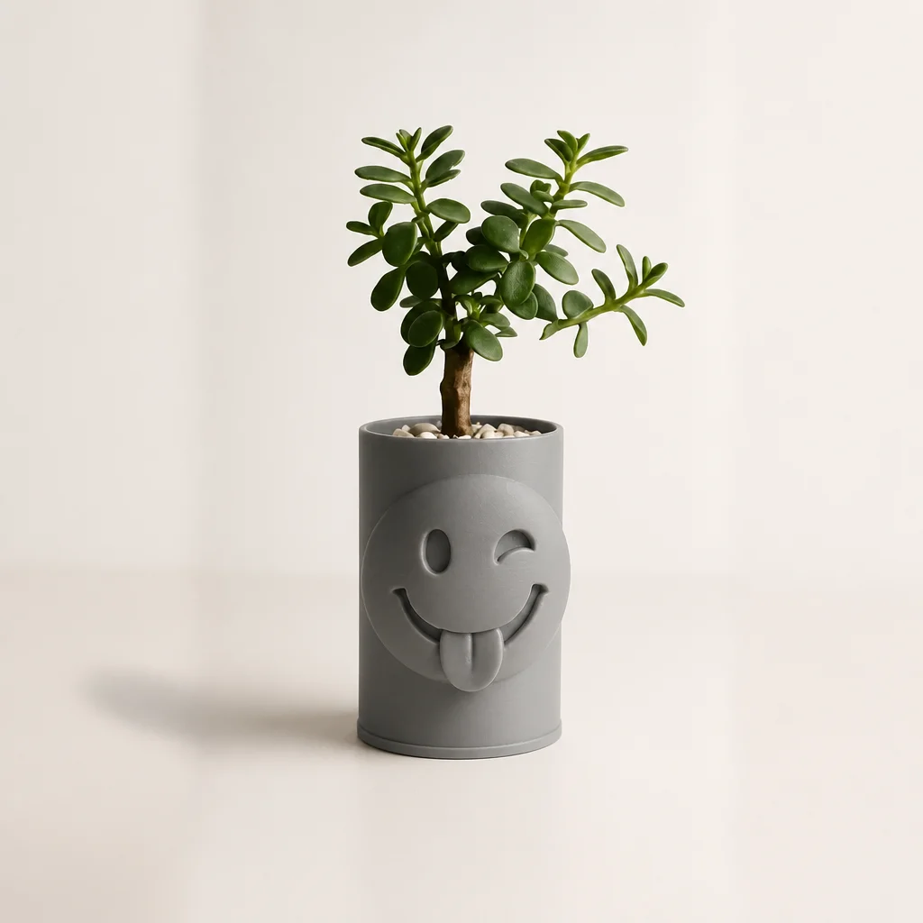3D Baskı Emoji Planter - Göz Kırpan Yüzlü Sukulent Saksısı-Gri
