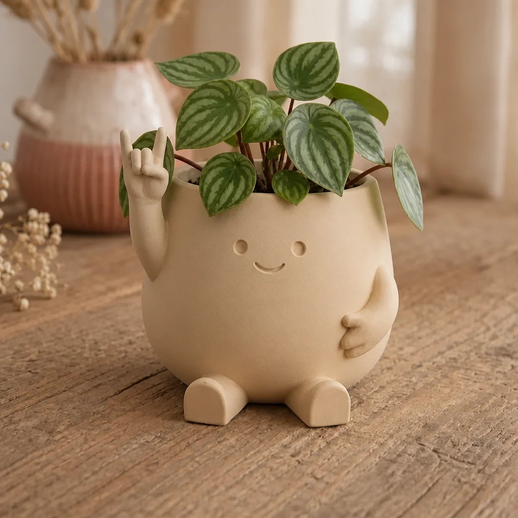3D Baskı Smiley Face Planter - Gülümseyen Karakterli Saksı-Bej