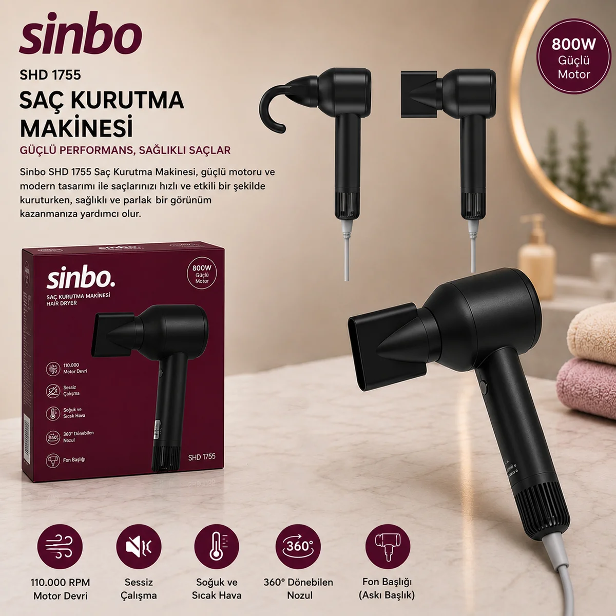 Saç Kurutma Makinesi 110.000 RPM – 3 Hız, Sessiz görsel 2