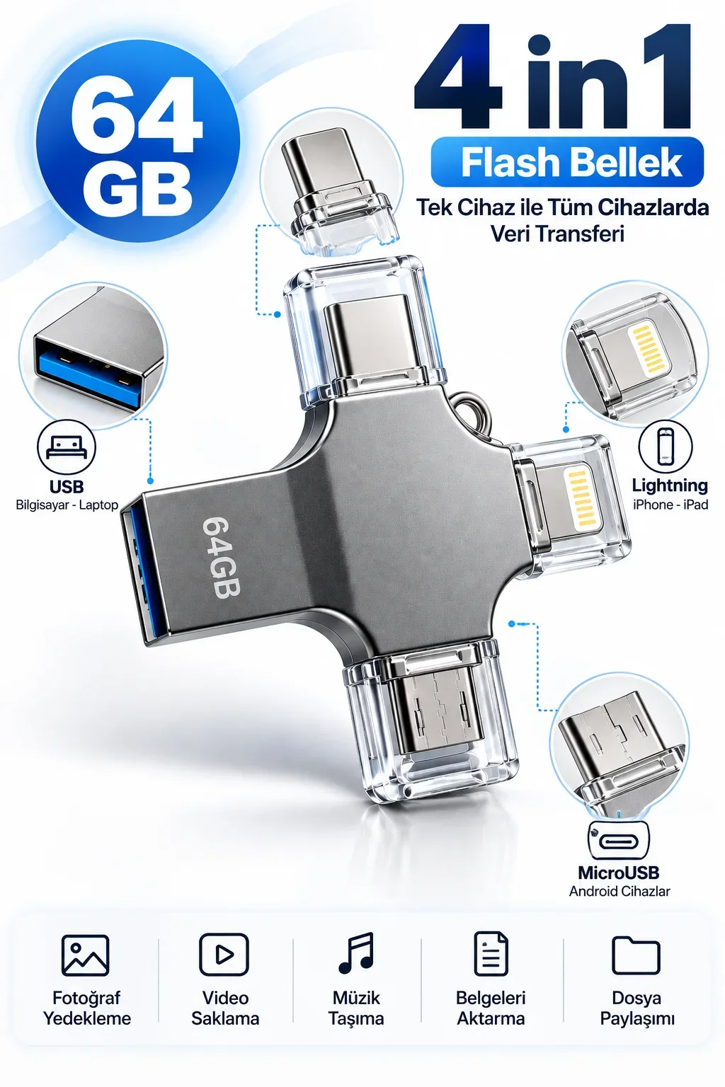 Tek Ürünle Birden Fazla Cihazda Kullanım Sunan 64GB Lightning Type C USB MicroUSB Girişli Flash Bellek görsel 3