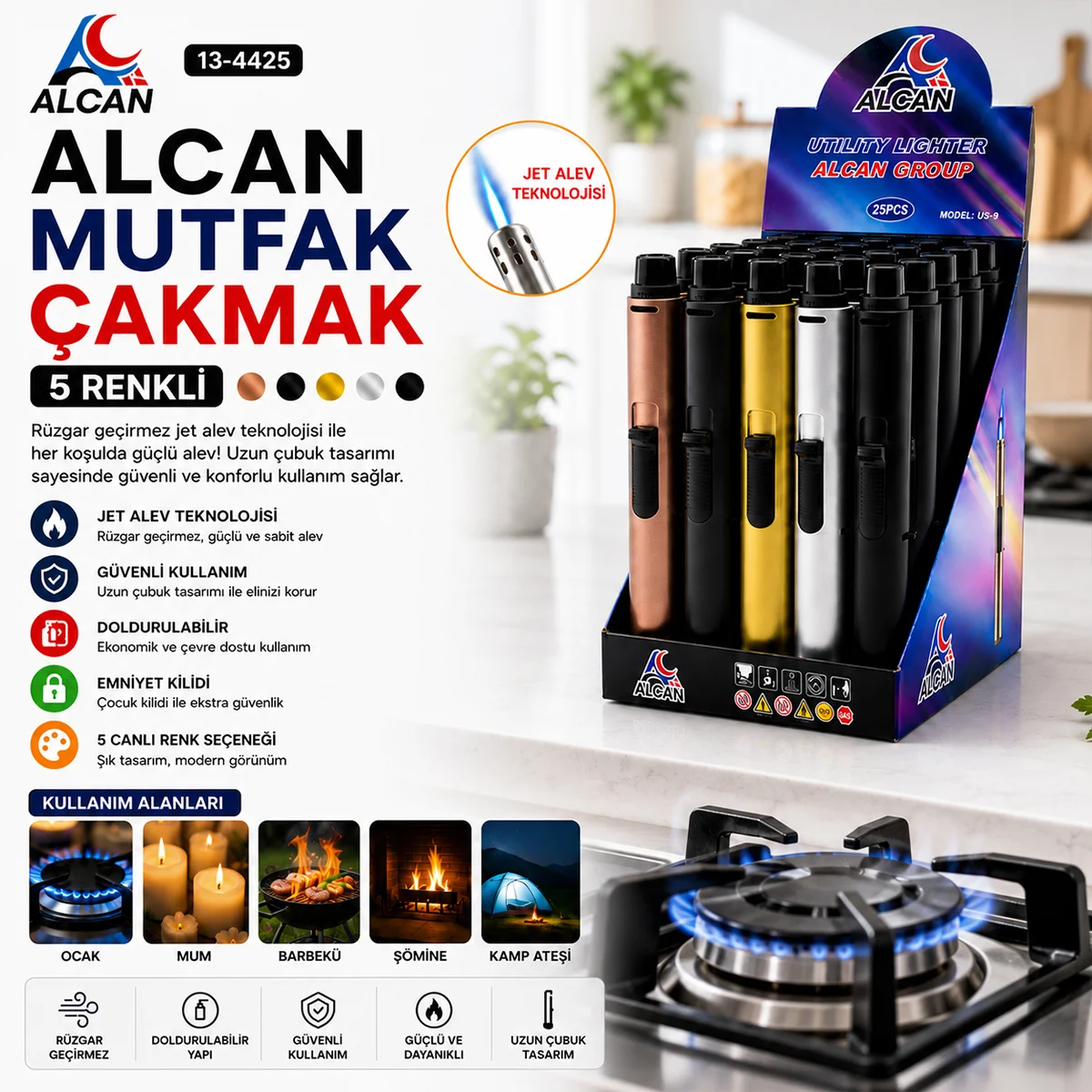 Rüzgar Geçirmez Izgaralı Mutfak Ocağı Çakmak - Renkli ( 1 Adet) görsel 3