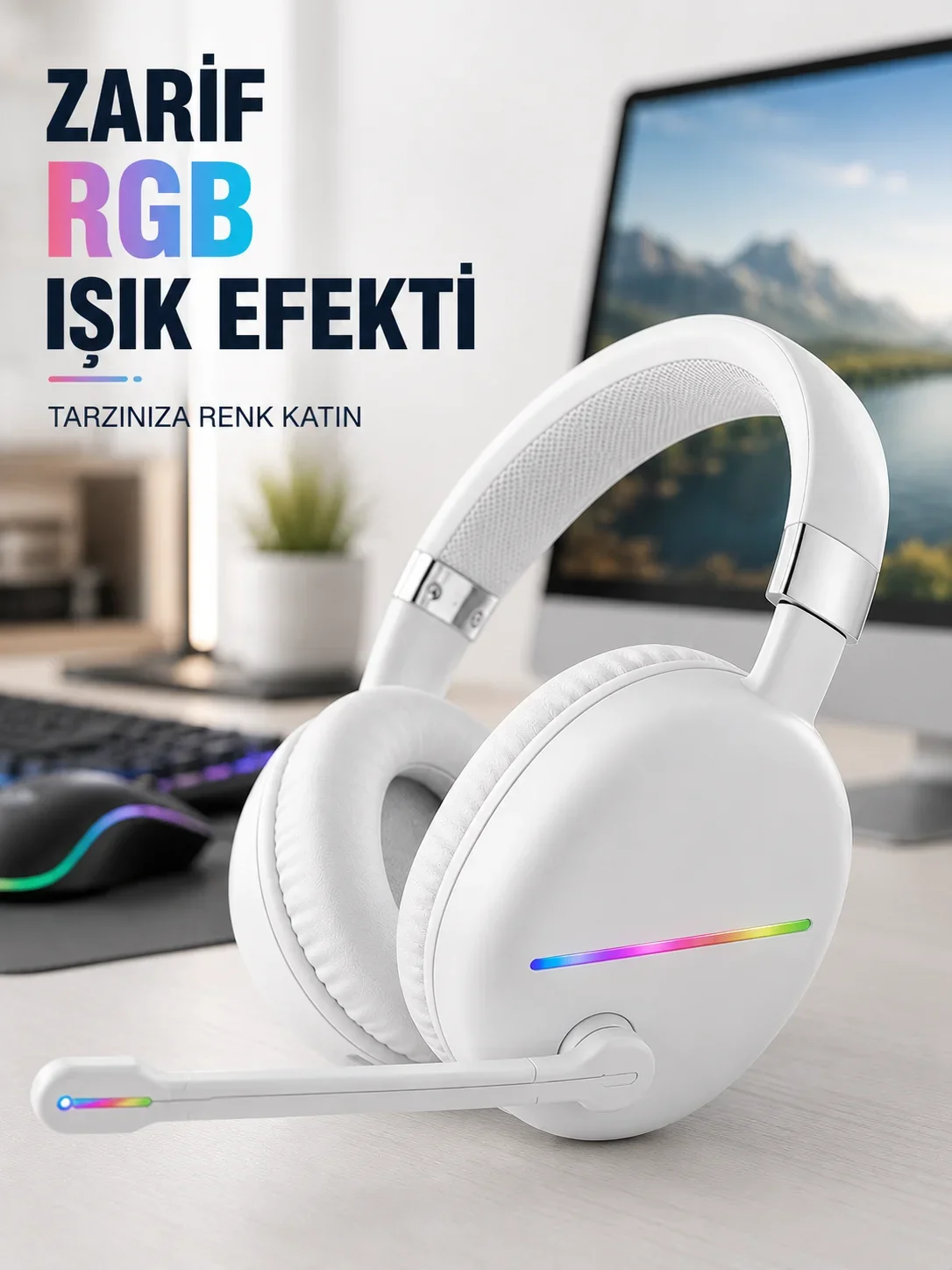 Bluetooth 5.0 Beyaz Kulak Üstü Kablosuz Kulaklık krofonlu RGB Aydınlatmalı