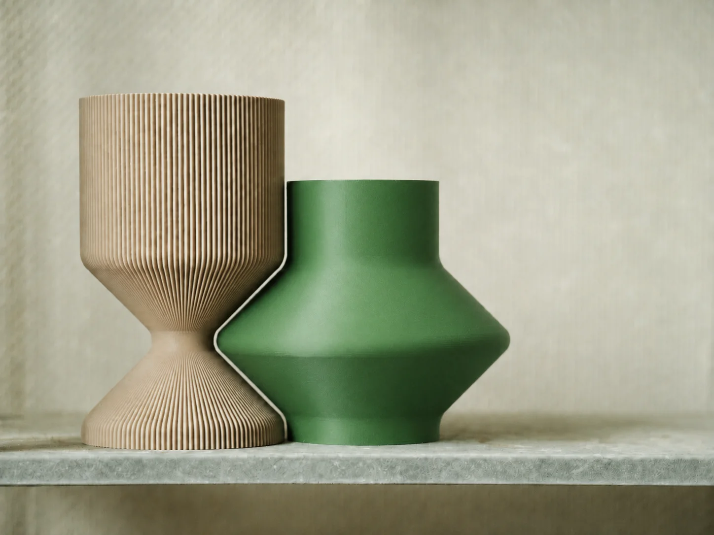 3D Baskı Modern Dekoratif İkili Vazo Seti - Minimalist Çizgili Çiçek Vazosu-Bej-Yeşil
