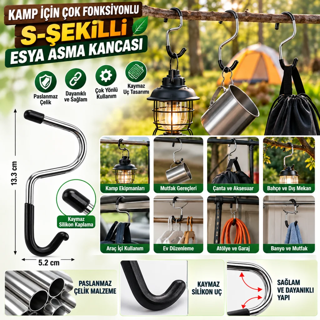 Kamp İçin Çok Fonksiyonlu S-Şekilli Direk Askısı Kaymaz Paslanmaz Çelik Eşya Asma Kancası