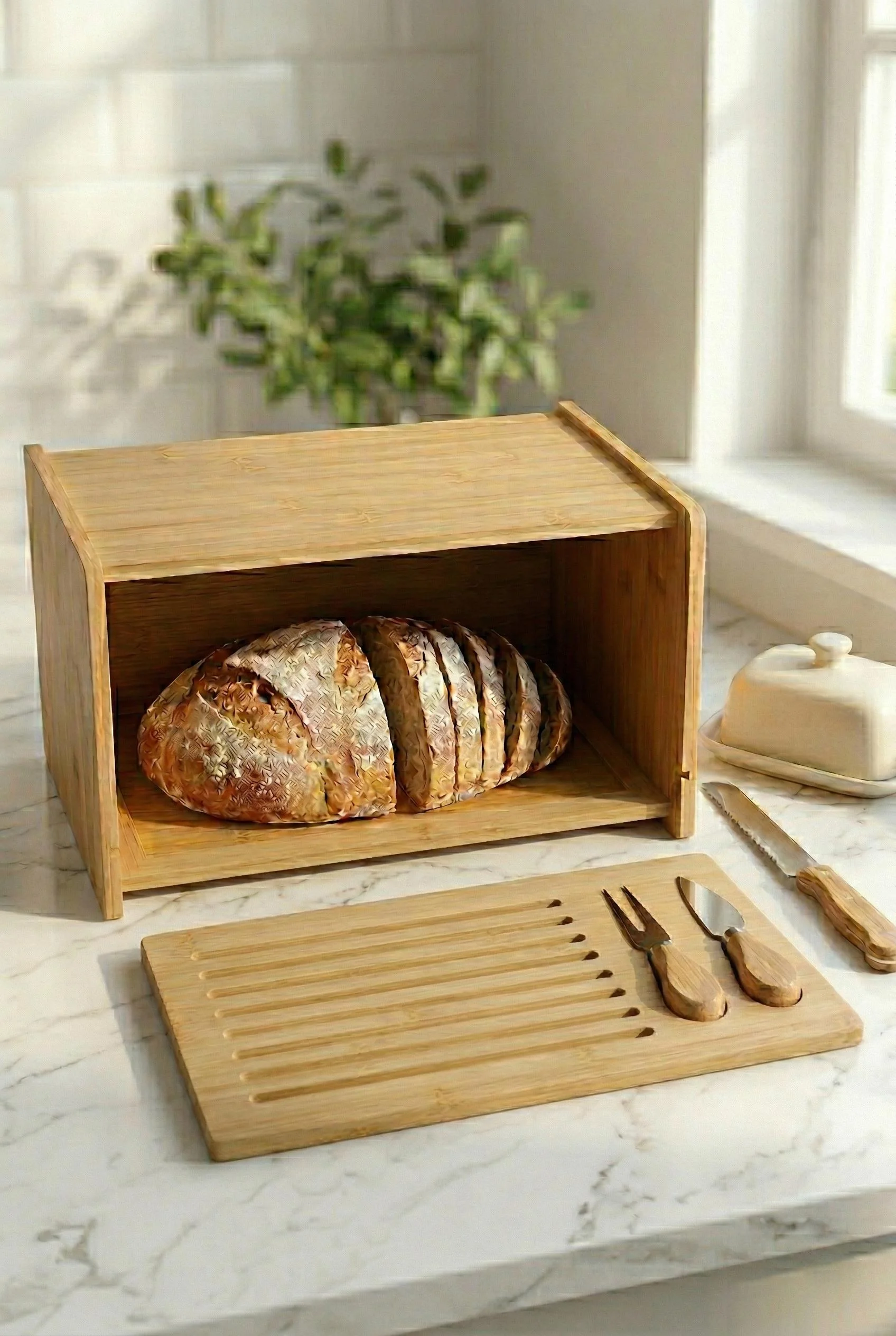 Doğal Bambu Kapaklı Ekmek Kutusu & Doğal Bambu Ekmek Dolabı (23x38x20 cm) görsel 3