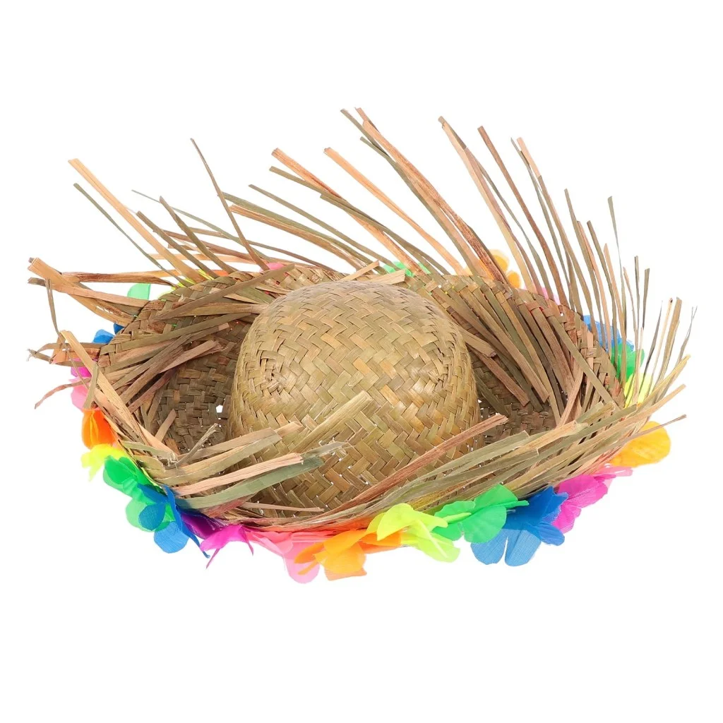 Naturel Renk Püsküllü Örme Hasır Hawaii Luau Aloha Şapka 13x36 cm görsel 5