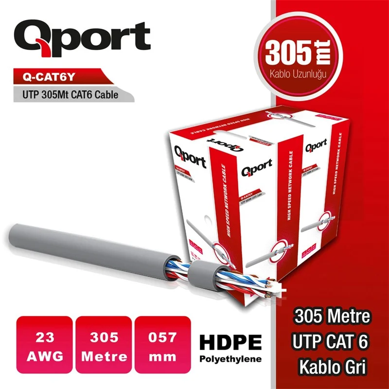 Q-CAT6Y 305M Utp 0,57MM CAT6 23 Awg Grı Kablo