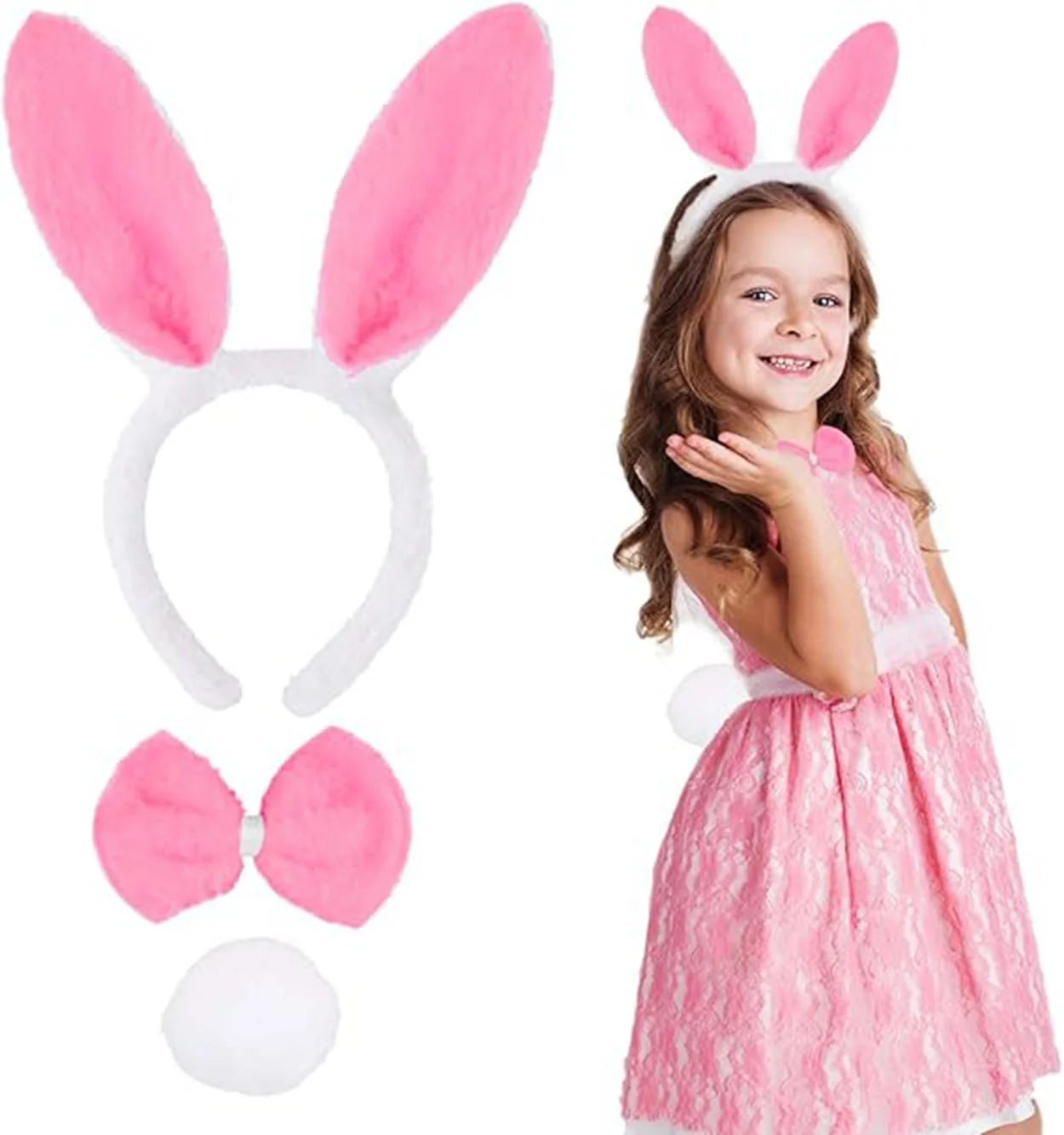 Pembe Tavşan Kostüm Seti – Taç, Papyon, Ponpon (12’li Paket) görsel 2