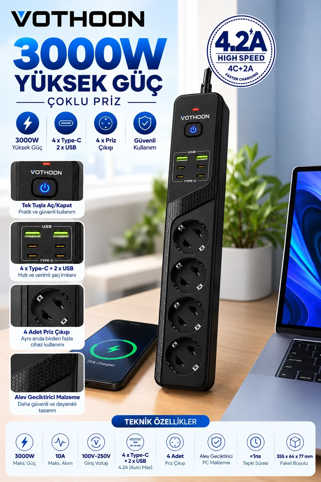 4’lü Akım Korumalı Çoklu Priz 4 Type-C 2 USB Girişli 4.2A Hızlı Şarj Destekli Priz 3000W