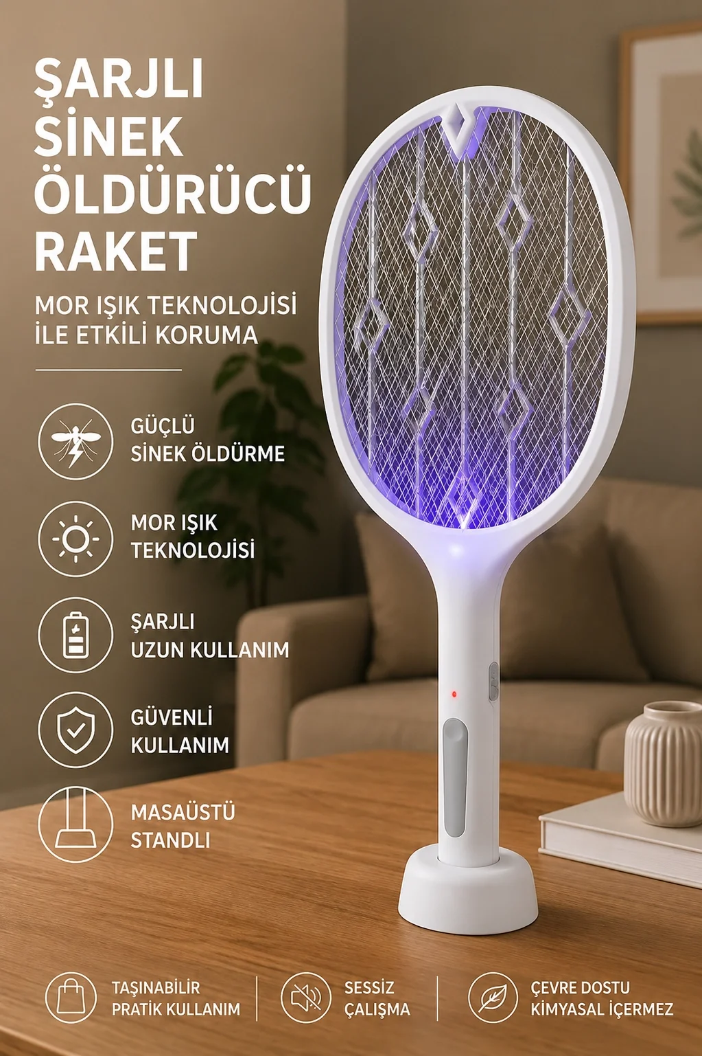 Şarjlı Sinek Öldürücü Sivrisinek Raketi Elektrikli Karasinek Haşere Kovucu Mor Işıklı Sineklik Aleti görsel 3