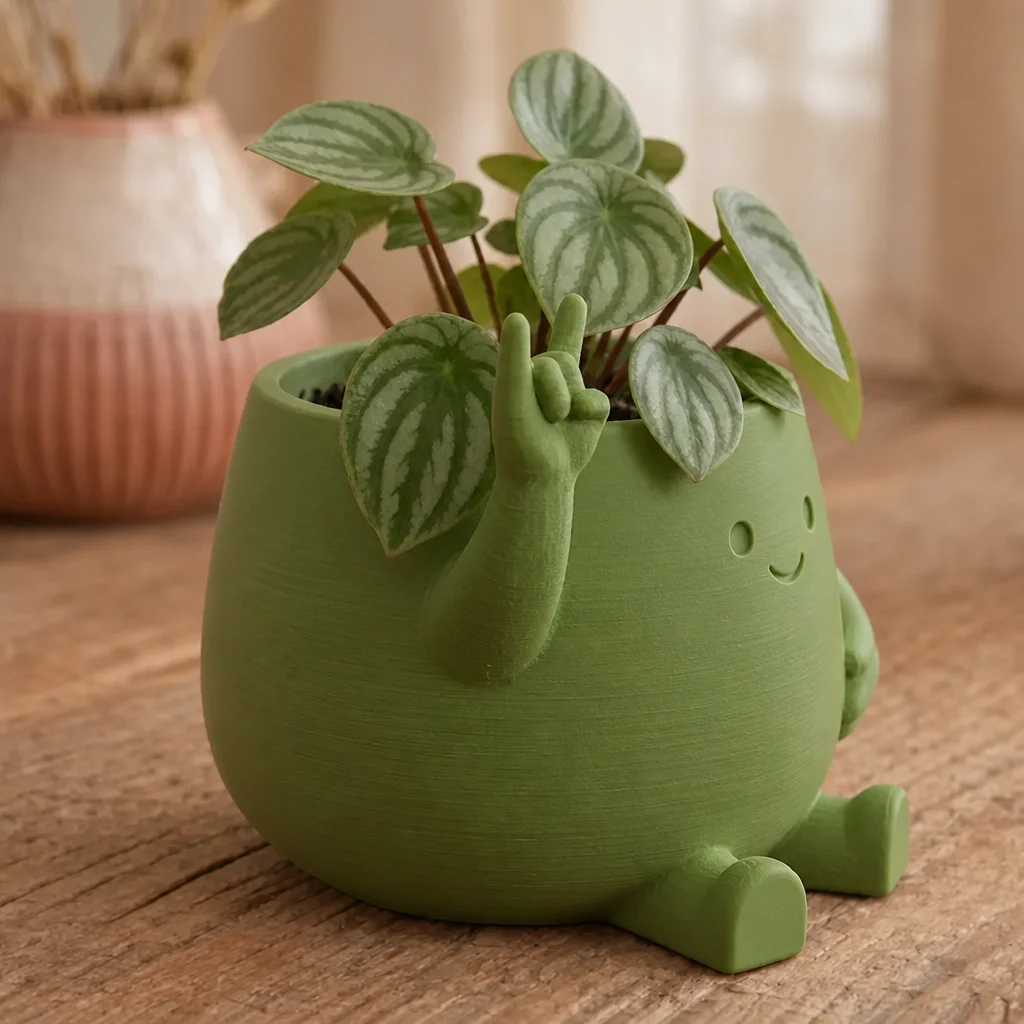3D Baskı Smiley Face Planter - Gülümseyen Karakterli Saksı-Yeşil görsel 2