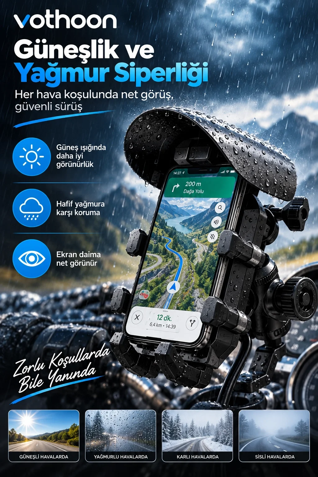 Şarjlı Motosiklet Telefon Tutucu Güneş ve Yağmur Korumalı 15W Kablosuz 360° Döner Gidon ve Ayna Bağlantılı görsel 4