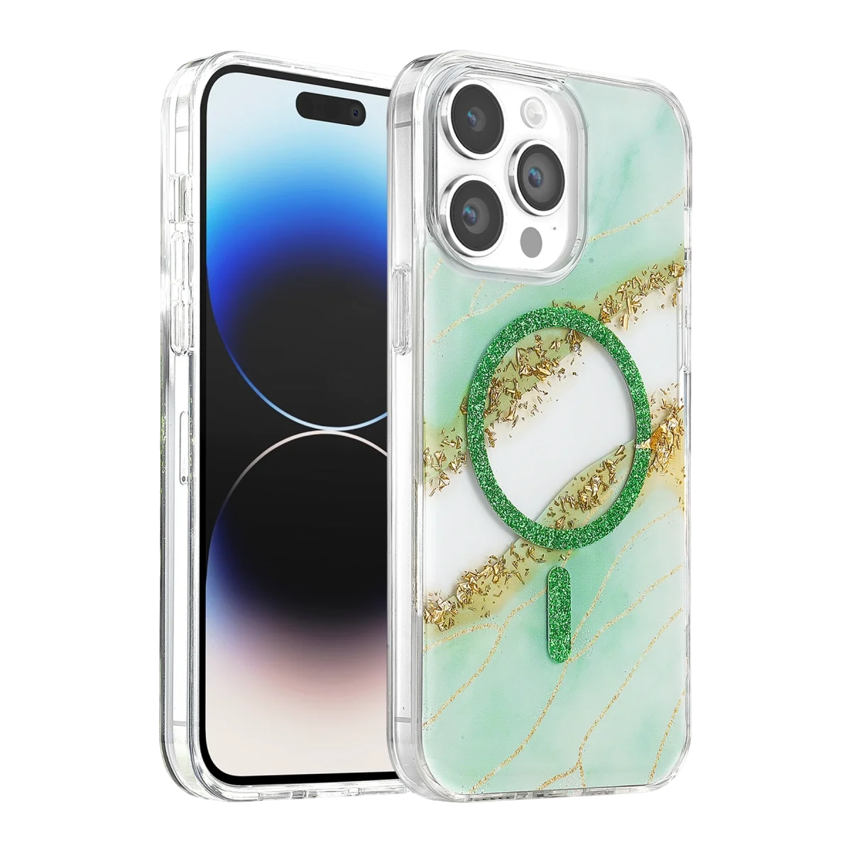 Onegif Apple İphone 15 Pro Max Lotus Simli Magsafe Kapak - Yeşil