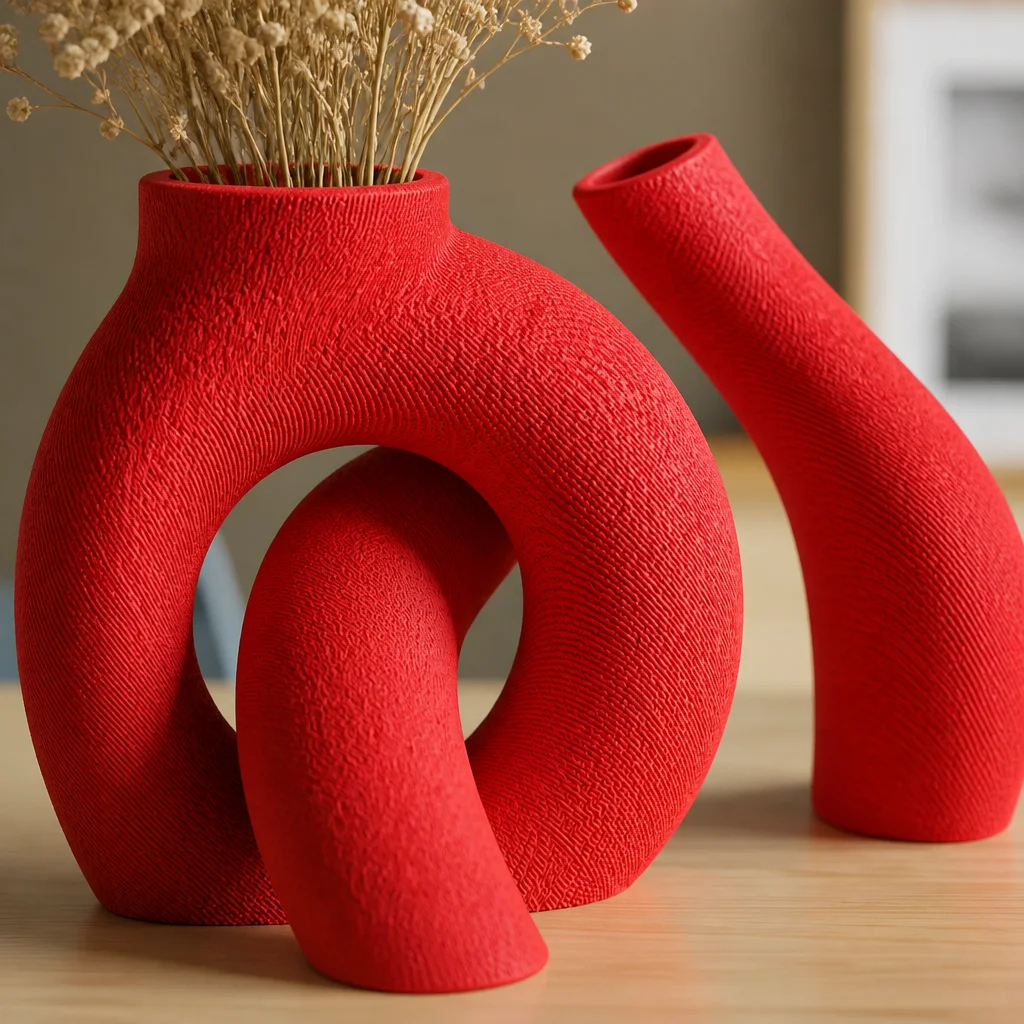 3D Baskı Interlocking Vazo - İç İçe Geçen Dekoratif Vazo-Kırmızı görsel 2