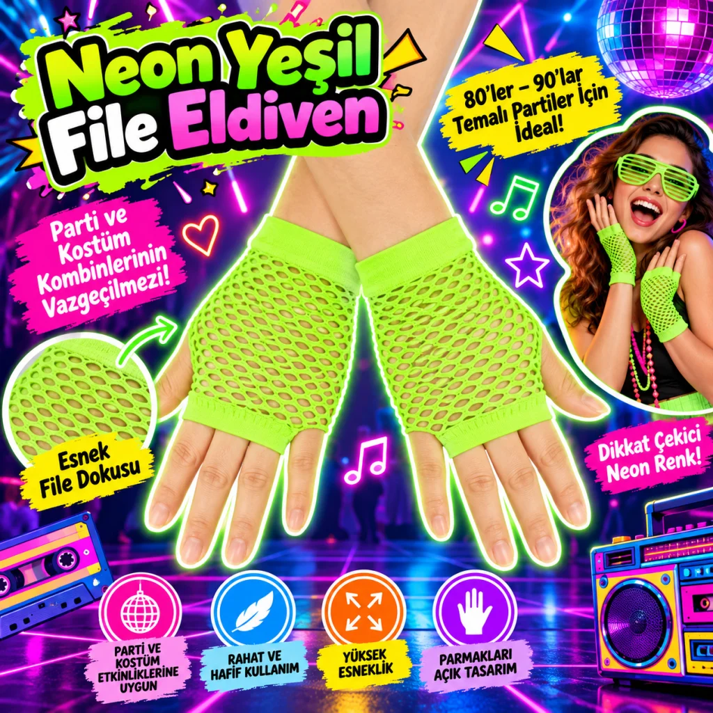 80’ler 90’lar Retro Neon Yeşil File Parmaksız Kısa Eldiven 11 cm