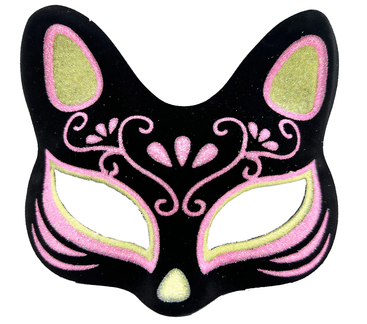 Siyah Renk Süet Kaplama Üzeri Sarı Pembe Simli Kedi Maskesi 17x14 cm görsel 4