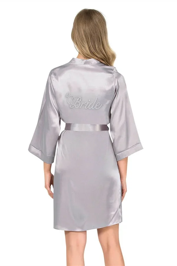 Şık Tasarım Yumuşak Dokulu Gri Kısa Saten Bride Sabahlık