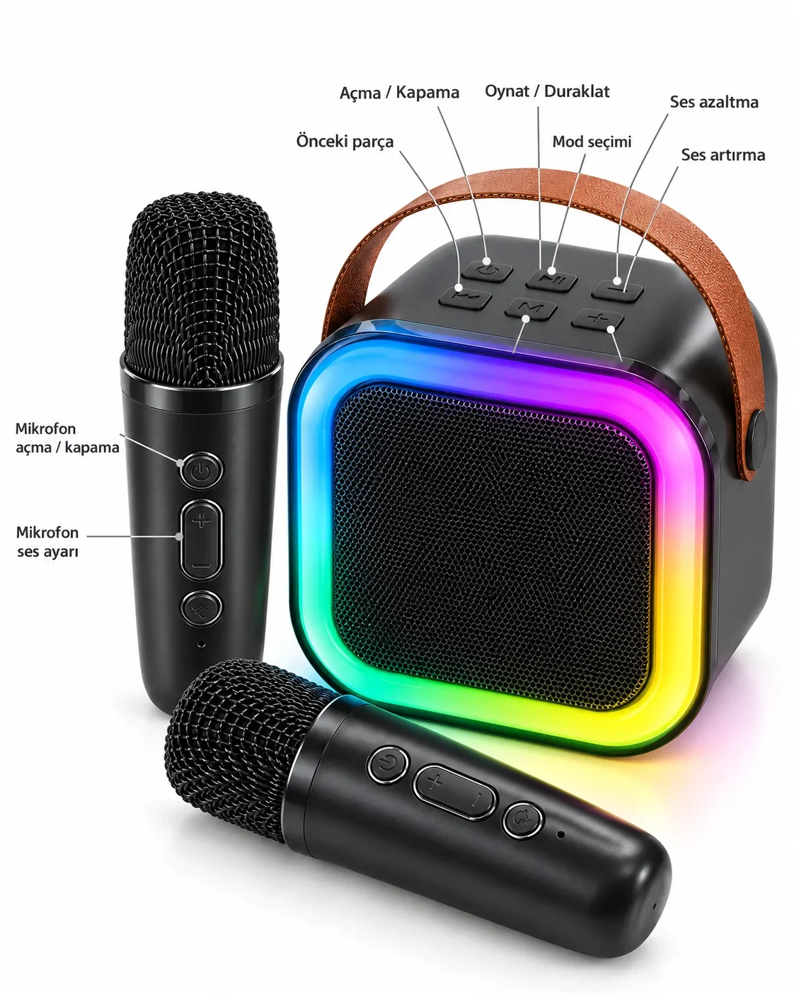 Renkli LED Aydınlatmalı Taşınabilir Bluetooth Hoparlör ve 2 Mikrofon Seti görsel 4