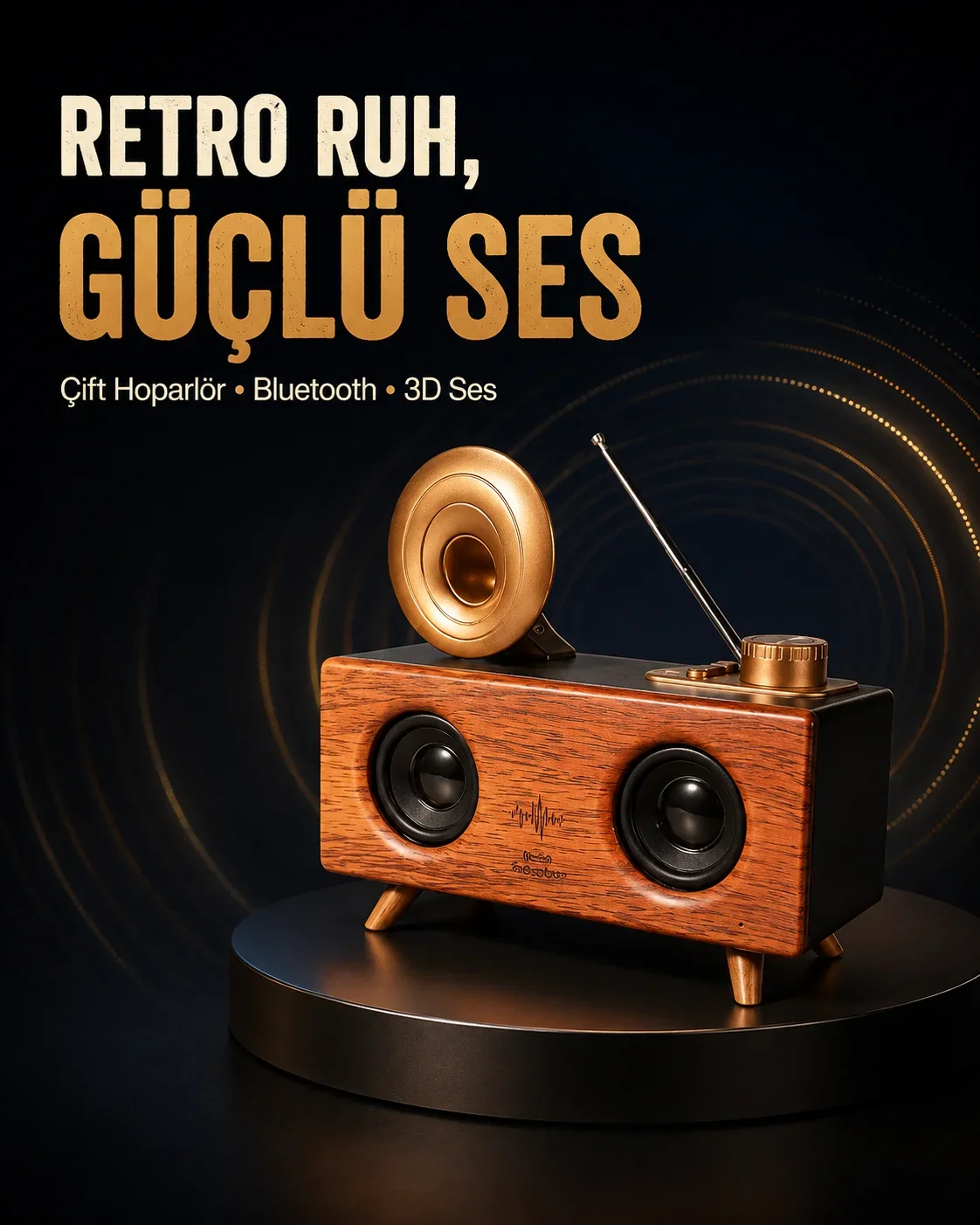 Gramafon Tasarımlı Bluetooth Hoparlör 3D Ses Teknolojili Çok Fonksiyonlu