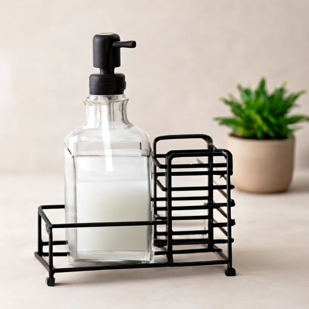 Cam Sıvı Sabunluk 500 ml Siyah Metal Stand ve Pompa