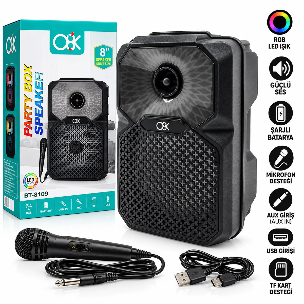 PL-4805 Karaoke Mikrofonlu Speaker Hoparlör Bt - Sd - Usb Sarjlı Rgb Işıklı Dc 5V - Aux 8 Inc BT-8109 görsel 2
