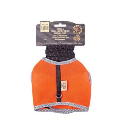 Havalı Dokuma Kedi Göğüs ve Gezdirme Tasması Medium Turuncu 1x25-35 Cm