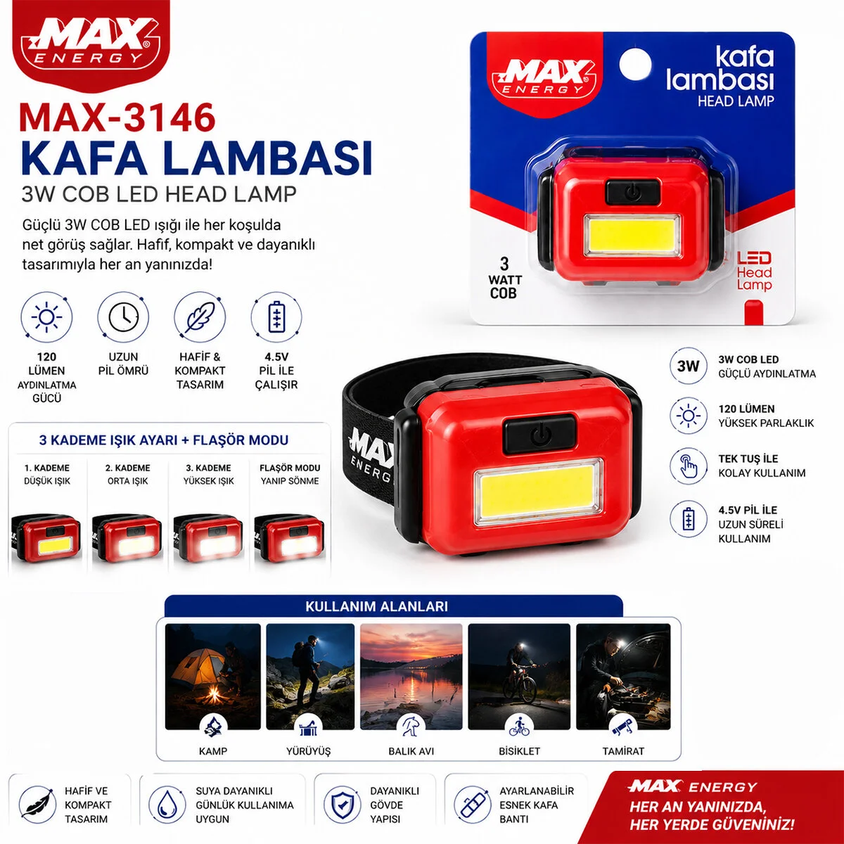 Pilli 3W Cob Led Kafa Lambası Fener 3-KADEME Işık Ayarı- Flaşör 4.5V 120LÜMEN görsel 2