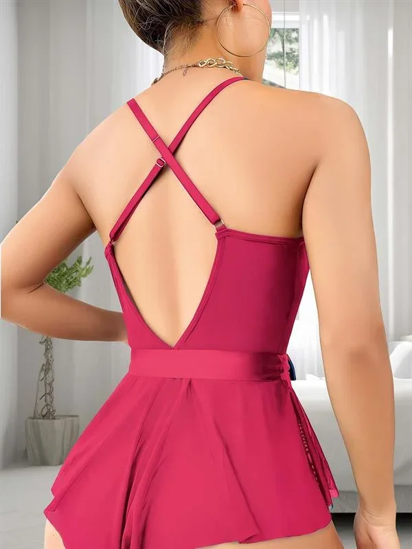 Fuşya Dantel İşlemeli Kurdelalı Tül Babydoll görsel 2