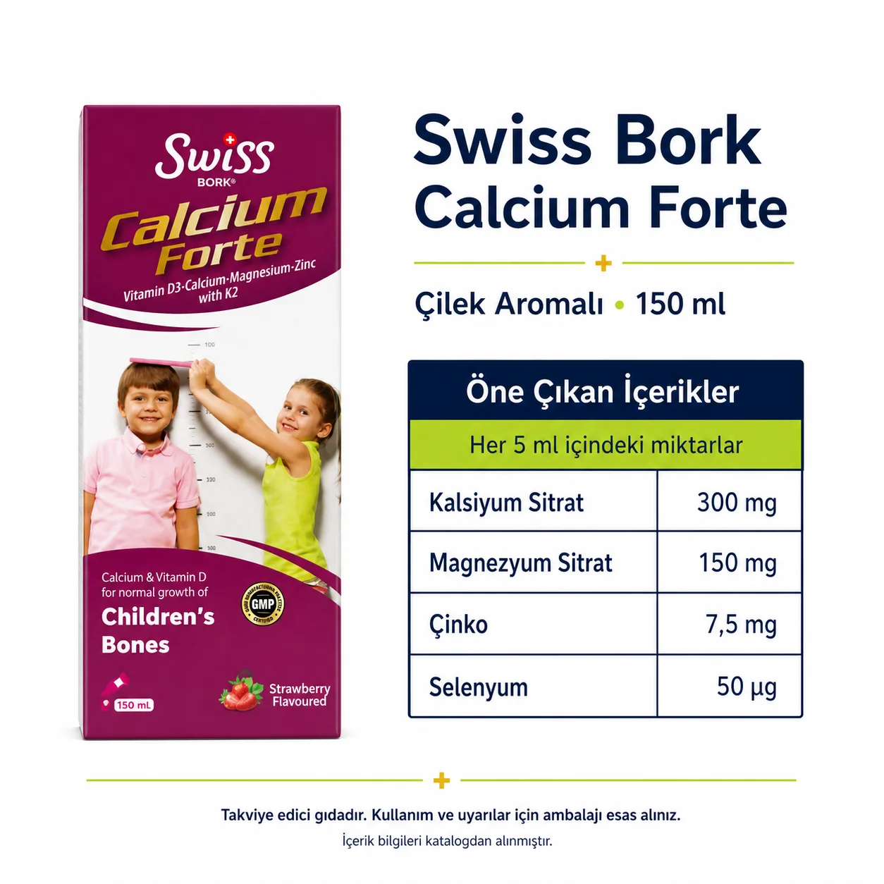 Swiss Bork Calcium Forte Çilek Aromalı Sıvı Takviye 150 ml