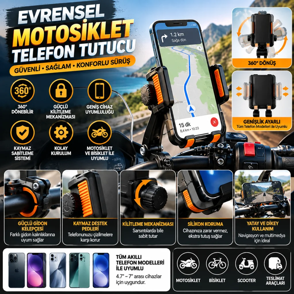 Evrensel Motosiklet Telefon Tutucu – Kaymaz, Kilitlenebilir Güvenli Tutuşlu, 360° Ayarlanabilir Gidon Bağlantılı Akıllı Telefon Aparatı