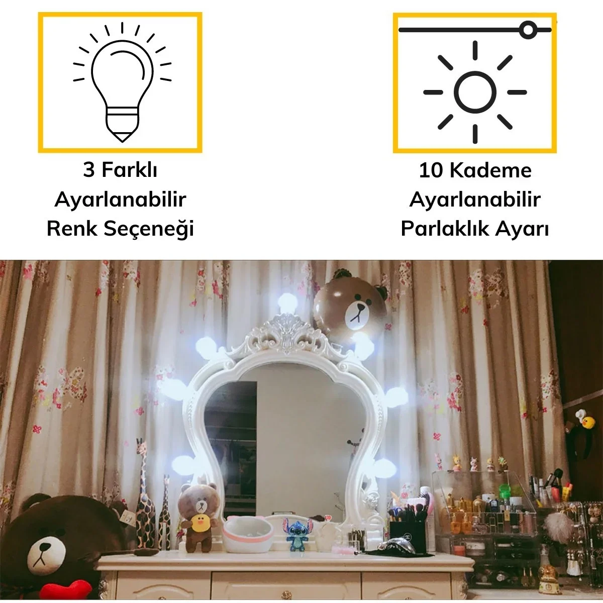 Nostalji Hollywood Tarzı 10lu Makyaj Masası Aynası Beyaz Led Işıklı Lamba USB görsel 3