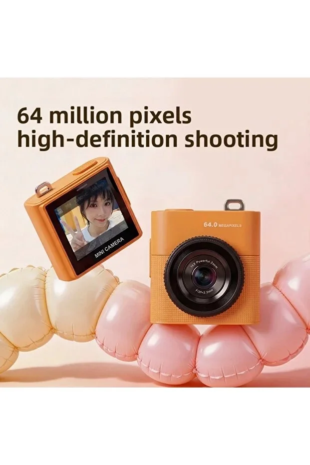 Mini Dijital Kamera 64MP 16x Digital Zoom Retro Vintage 1.4’’Ekranlı Video Kamera Taşınabilir Tasarım Turuncu görsel 4