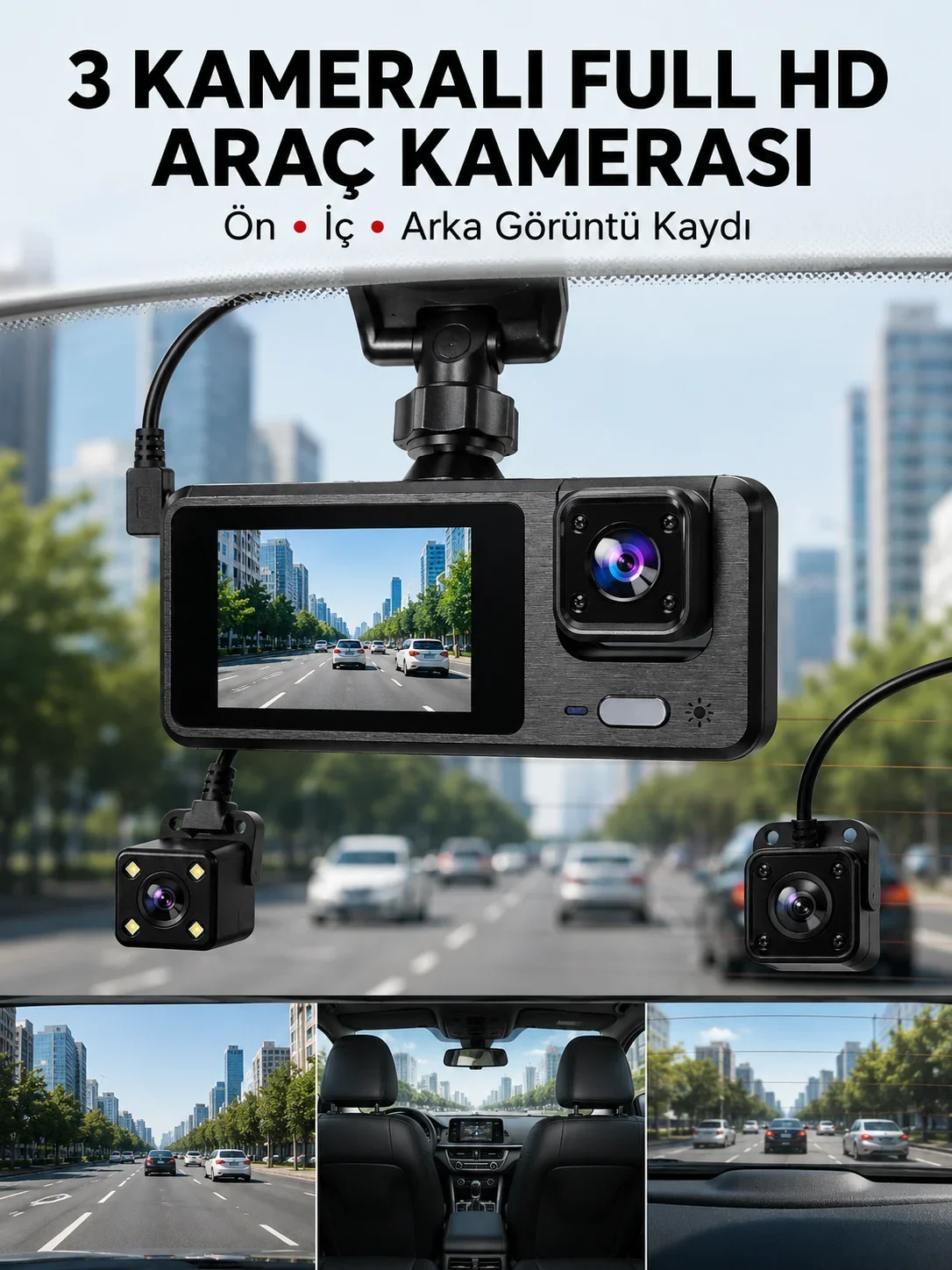 3 Klı Araç DVR – Ön + İç + Arka Kamera ile Tam Kapsama, Yüksek Güvenlik Yeni Nesil