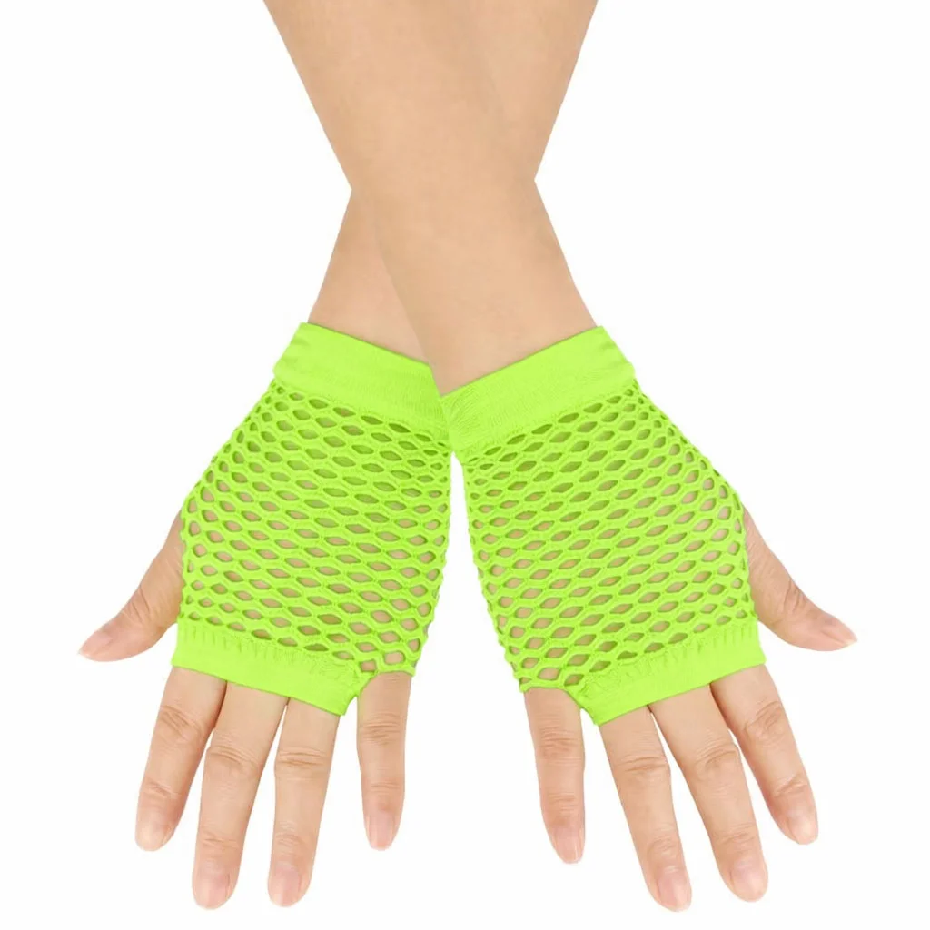 80’ler 90’lar Retro Neon Yeşil File Parmaksız Kısa Eldiven 11 cm görsel 2