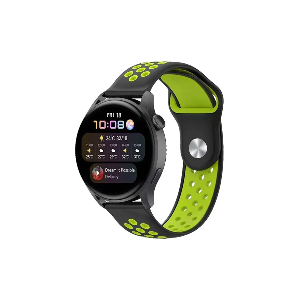 Watch 20mm Spor Delikli Kordon - Siyah-yeşil