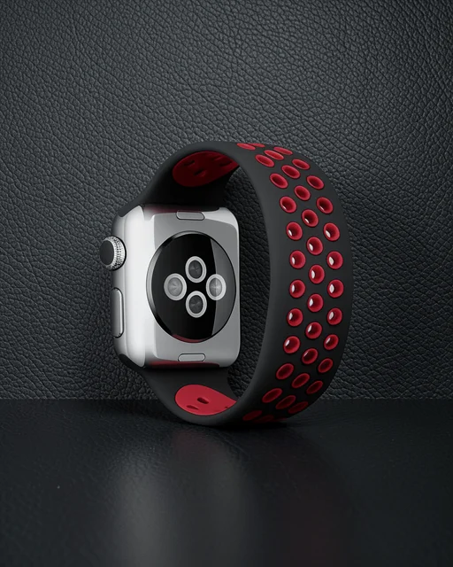 Apple Watch 42mm Ayarlı Delikli Silikon Kordon - Siyah-kırmızı