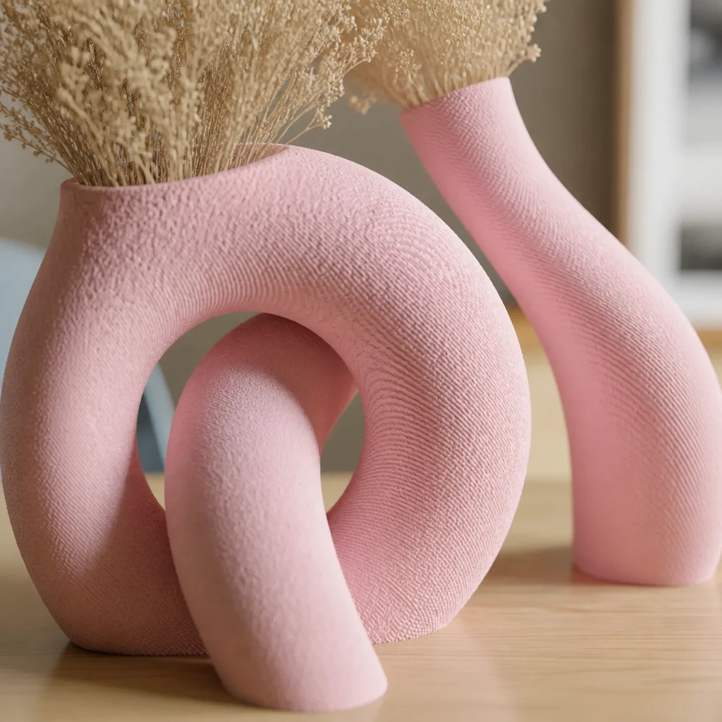 3D Baskı Interlocking Vazo - İç İçe Geçen Dekoratif Vazo-Pembe görsel 2