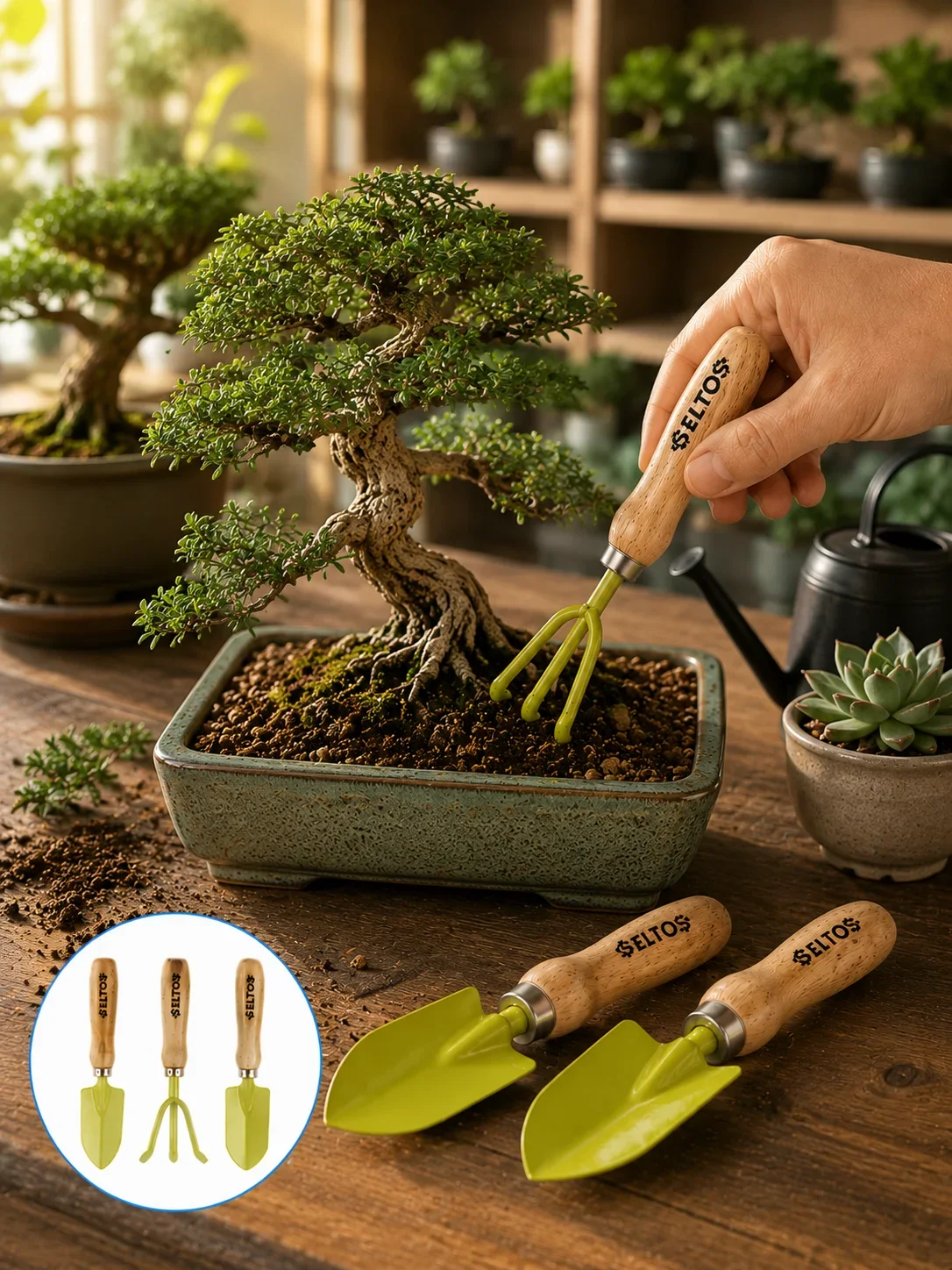 Saksı Bitkileri İçin Bahçe El Aleti Seti Ergonok Ahşap Saplı görsel 3