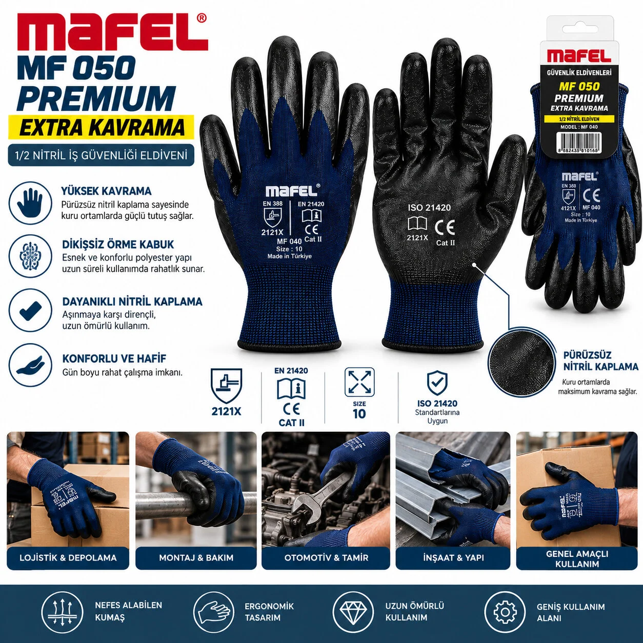 12 Adet Zebra Mavi Siyah No 10 Xl Nitril İşçi Eldiven Poşetli Ambalaj Kesilme Direnç görsel 2