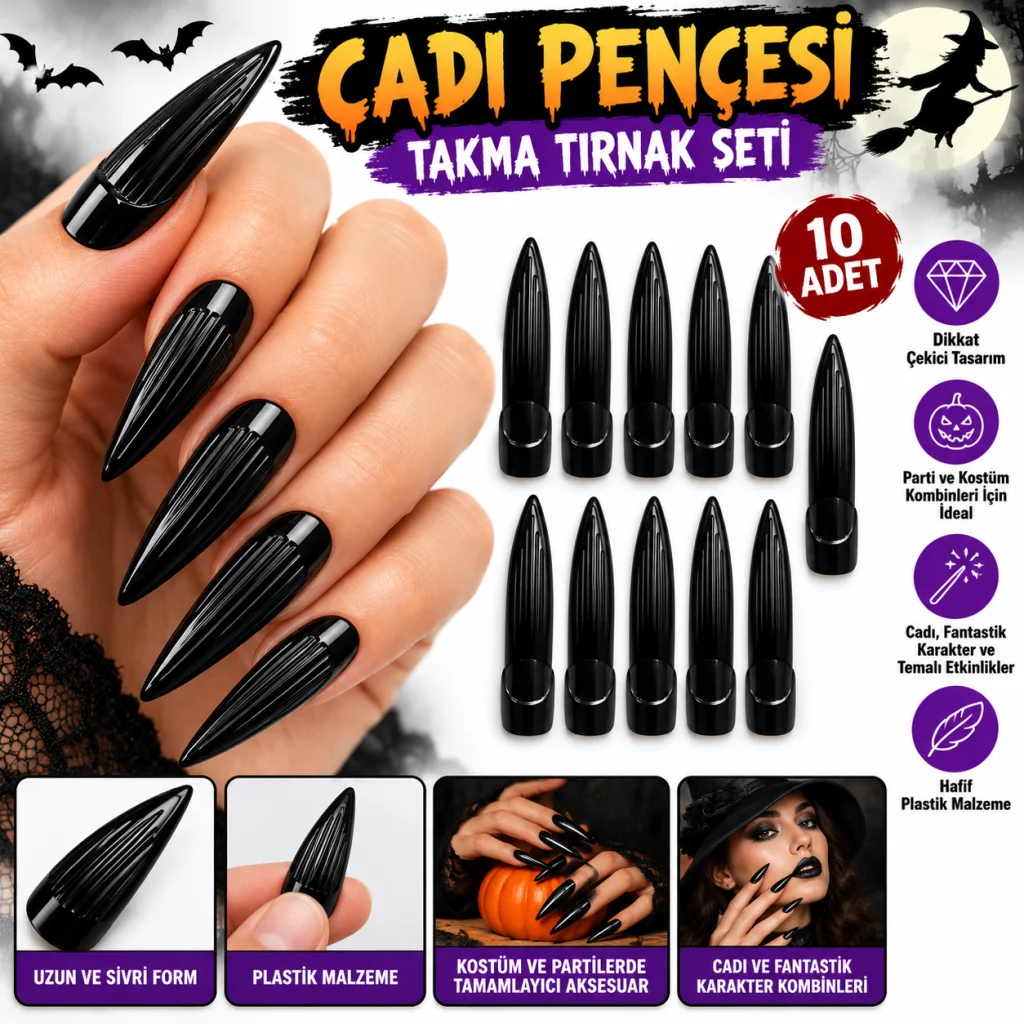 Siyah Plastik Cadı Takma Tırnak 10’lu Set