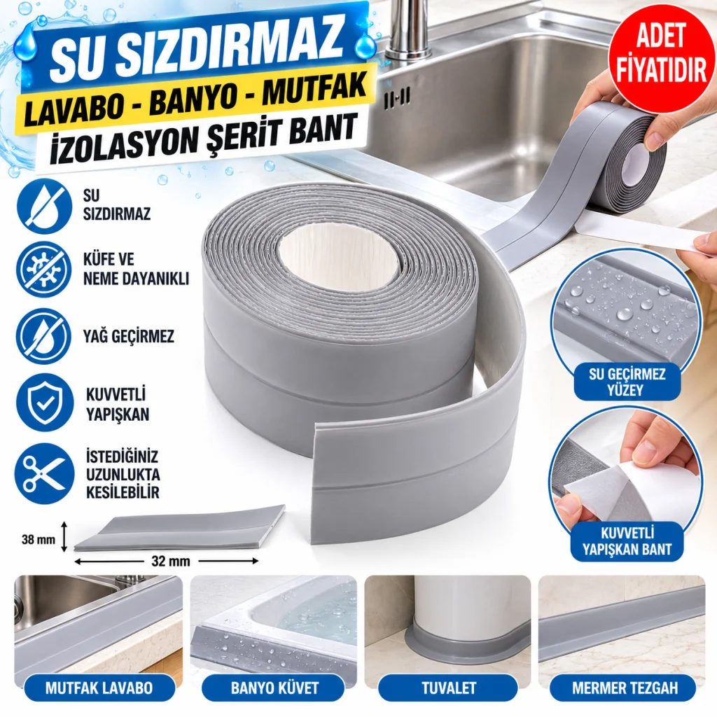 Gri Su Sızdırmaz Banyo Mutfak Lavabo Küvet İzolasyon Şerit Bant (adet fiyatıdır)