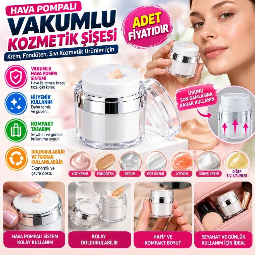 Hava Pompalı Doldurulabilir Vakumlu Krem,Fondoten Sıvı Kozmetik Ürün Şişesi (adet fiyatıdır)