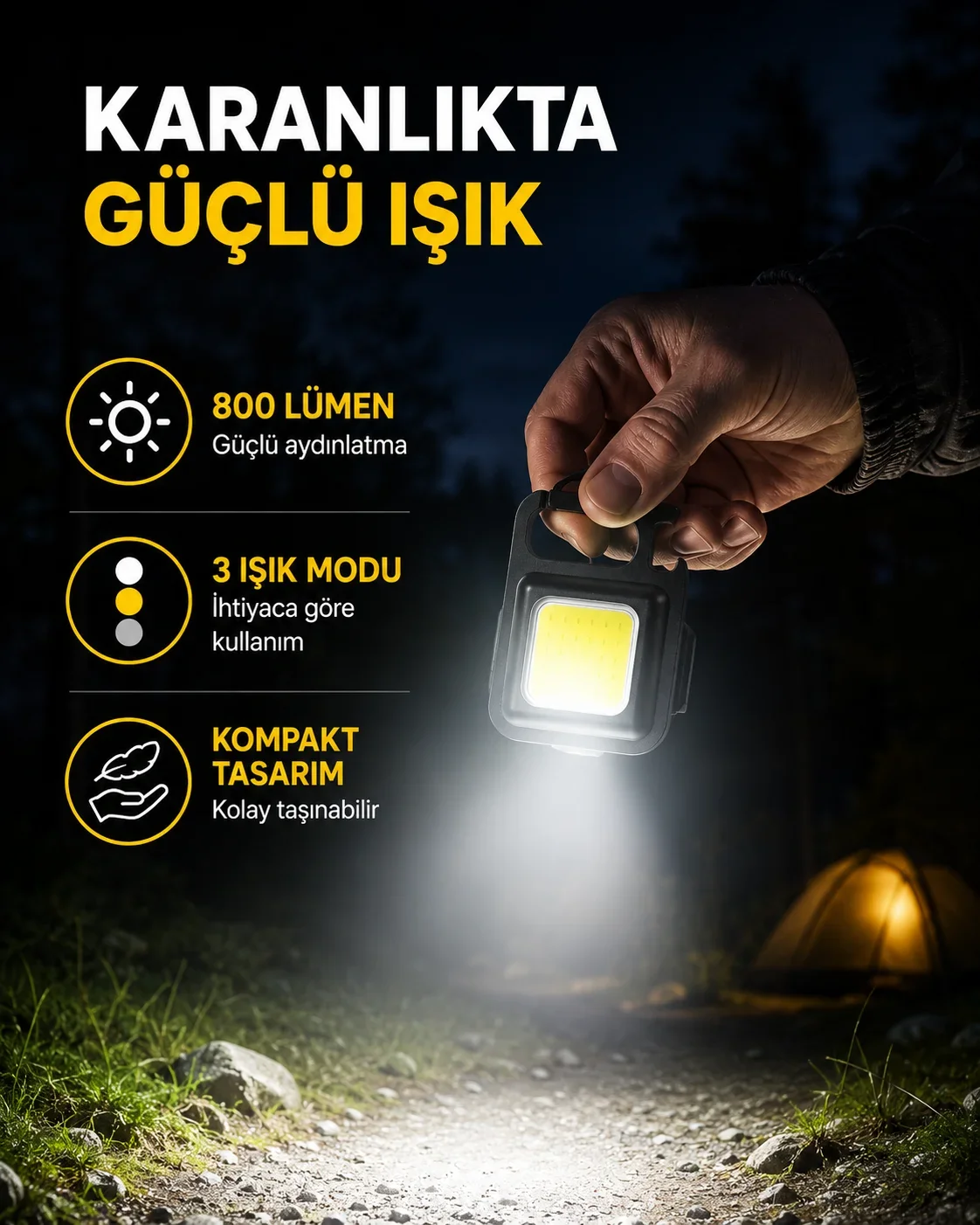 Şarjlı COB LED Anahtarlık Fener – 4 Modlu, Manyetik ve Katlanabilir Standlı Yeni Nesil