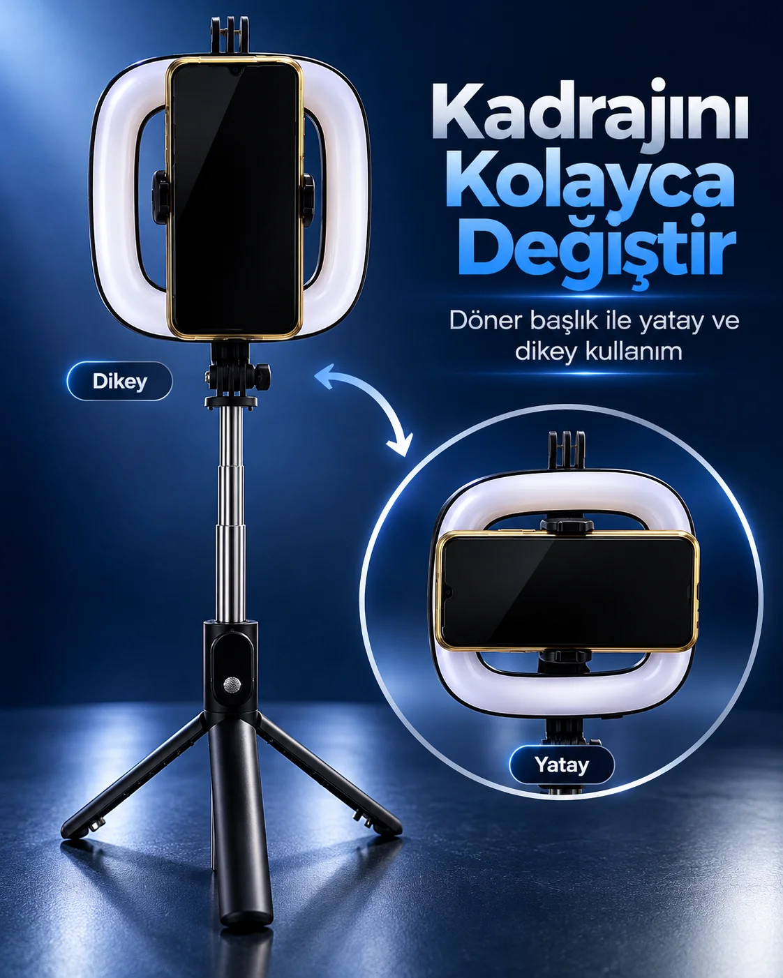 Parlaklık Ayarlı RGB Halka Işık Kablosuz Kumandalı ve Telefon Tutuculu Tripod