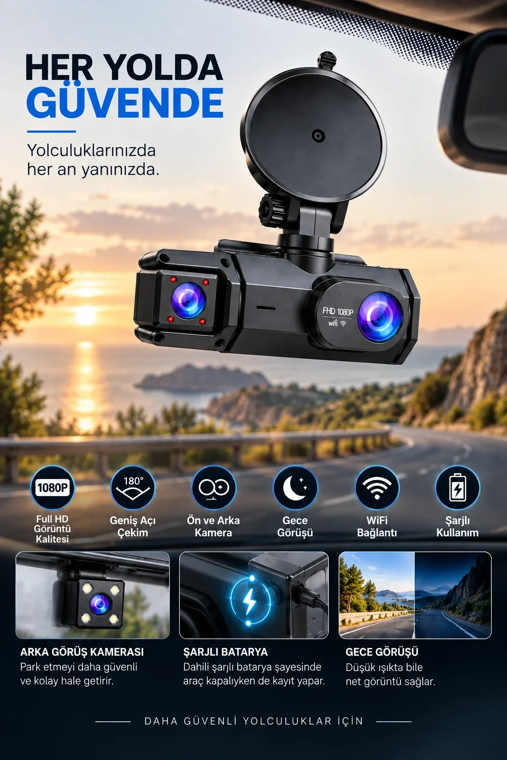 Ön Arka Kamera 1080P Full HD WiFi 180° Geniş Açı Şarjlı