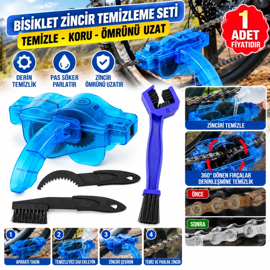 Bisiklet Zincir Dişlisi Koruyucu Pas Sökücü Temizleme Fırçası Aparatı Bakım Seti 4 Parça