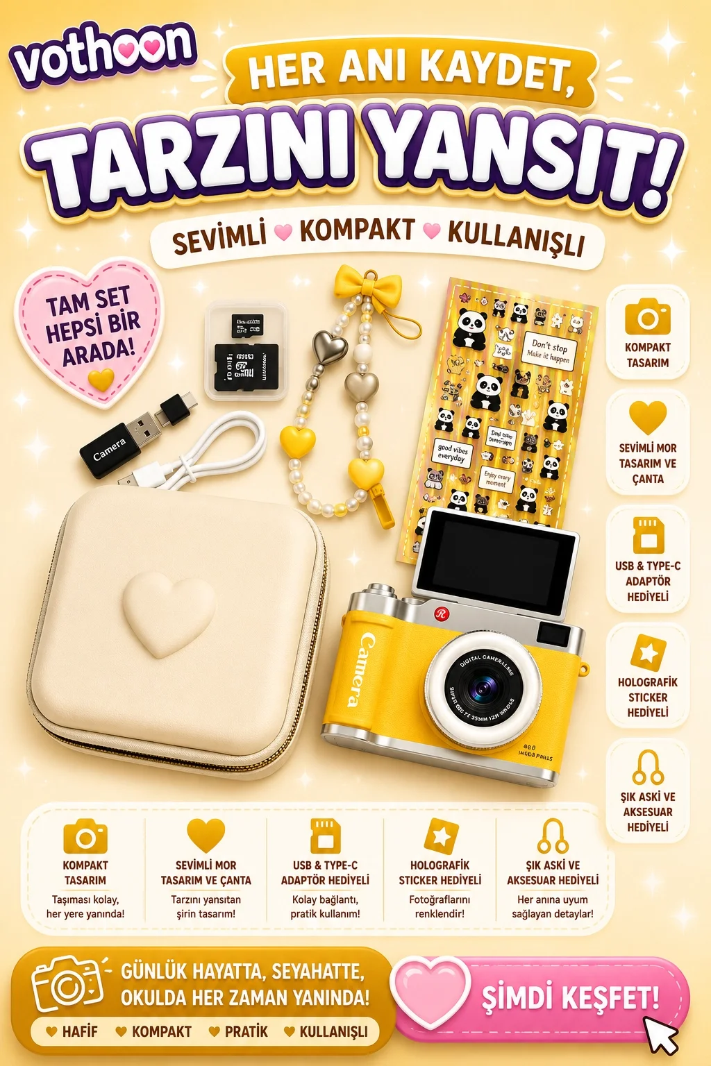 4K Çantalı Dijital Retro Video Kamera 48MP 16X Zoom Işıklı (32GB) Kart Dijital Fotoğraf Makinesi Sarı