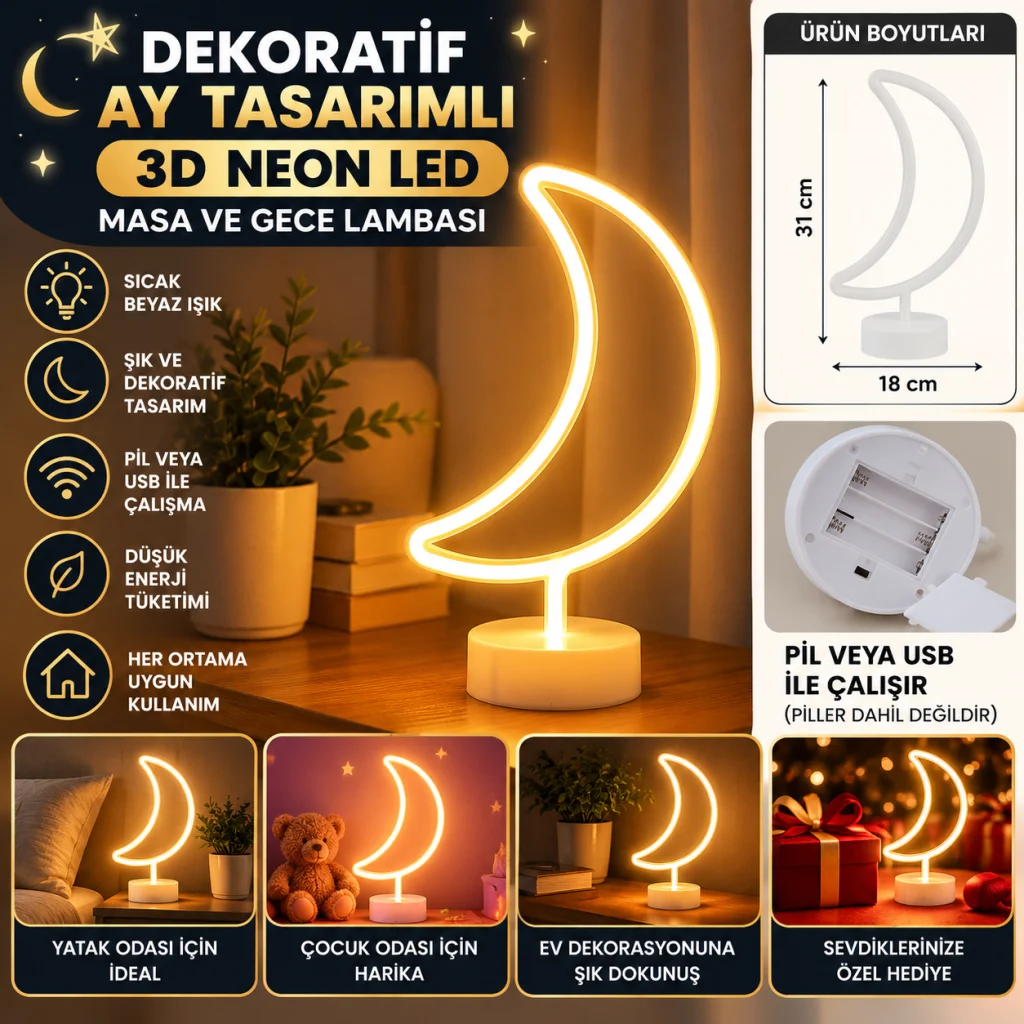 Dekoratif Pilli Ay Tasarımlı 3D Neon Led Masa Ve Gece Lambası