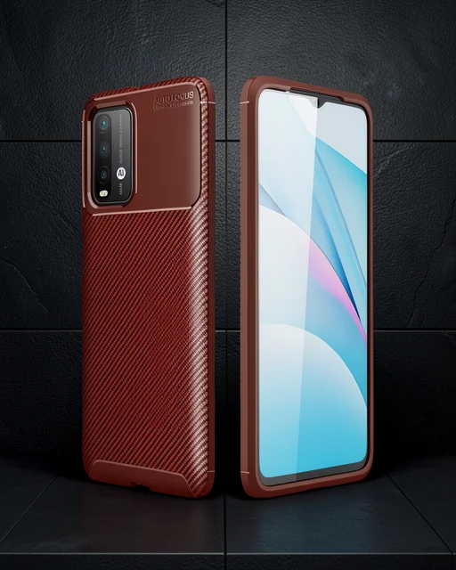 Xiaomi Redmi 9t Kılıf Auto Focus Karbon Kapak - Kahverengi
